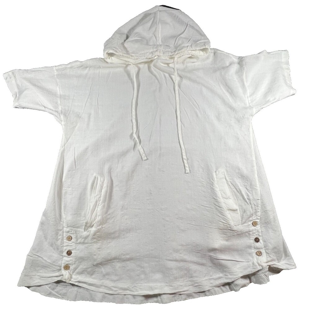 Women Hooded Drawstring Tunic Popover Top White Size M